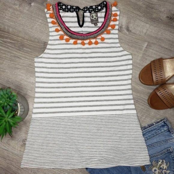 One September Anthropologie Striped Sleeveless Top With Pom Pom Trim embellished - Picture 2 of 8